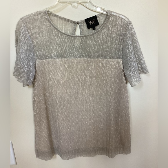 Tops - Metallic silver/gold yoke, flutter cap sleeves.